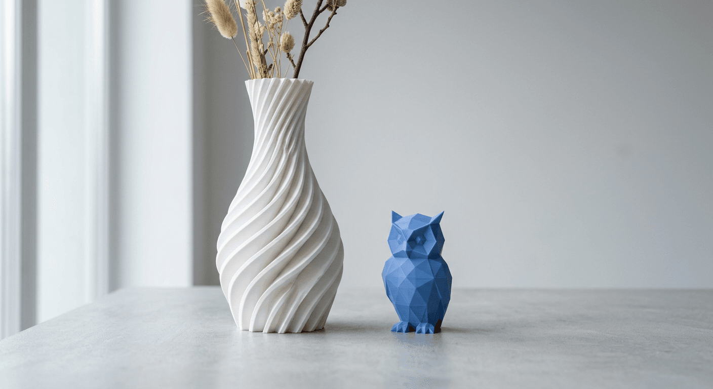 Parametrische Vase in Weiß neben einer blauen geometrischen Figur
